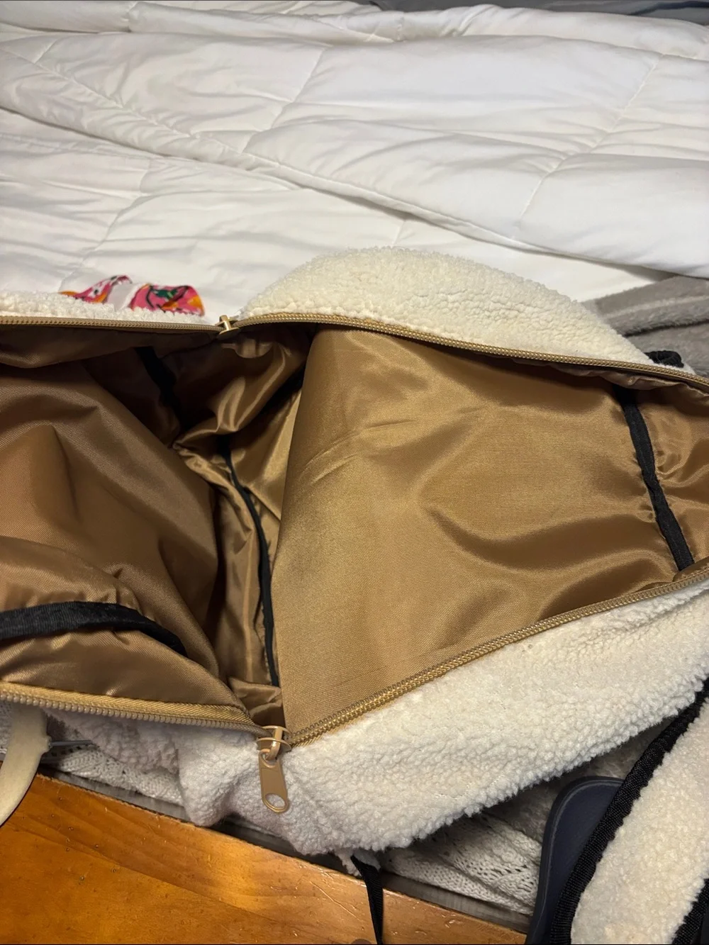 Kavu Cream Sherpa Backpack with Black Straps and Tan Trim